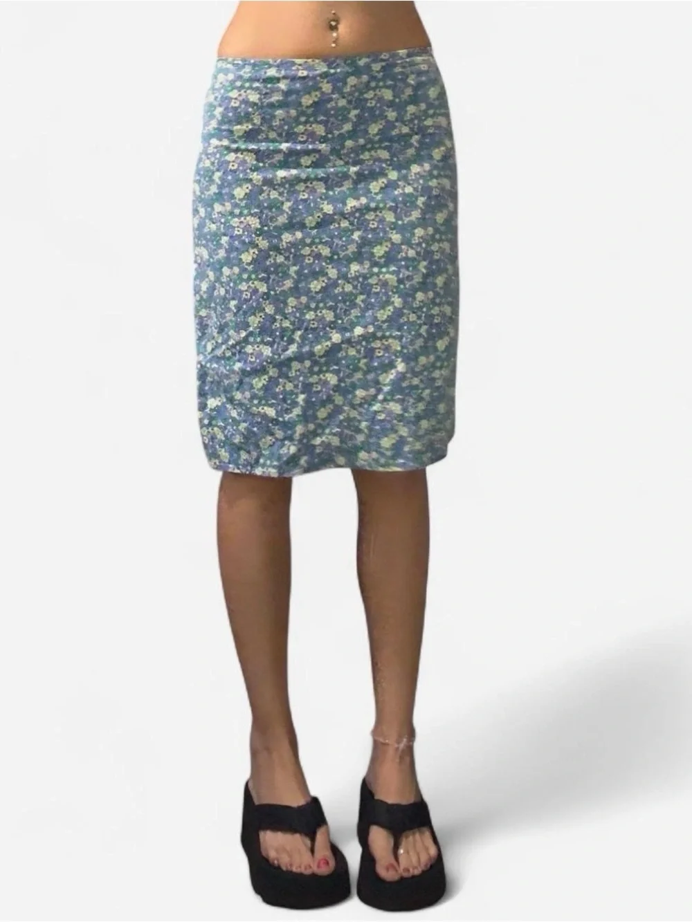 Y2K Floral Blue Floral Midi Skirt